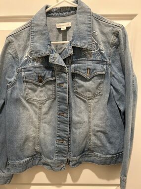 Coldwater Creek Light Blue Denim Jacket with White Embroidery